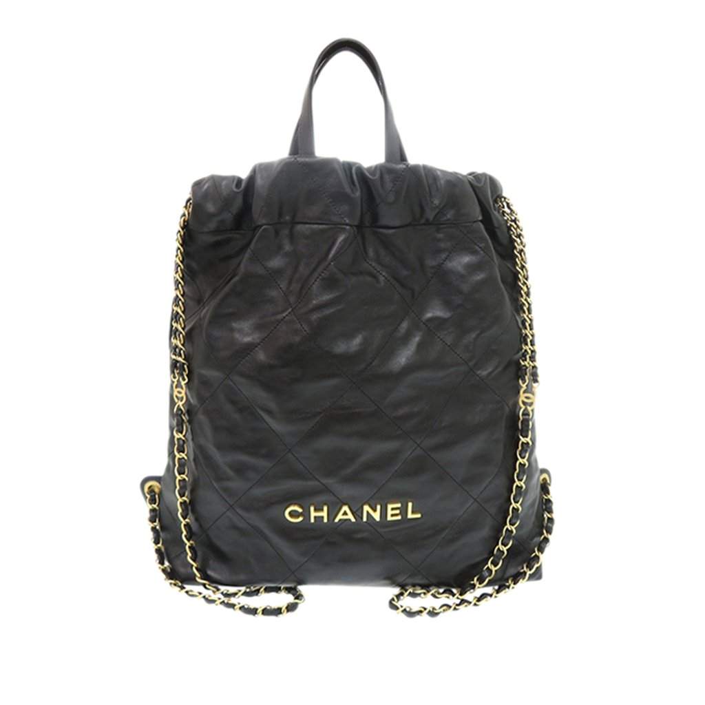 Chanel Large Quilted Shiny Calfskin 22 Backpack Black Leather Very good - Front View