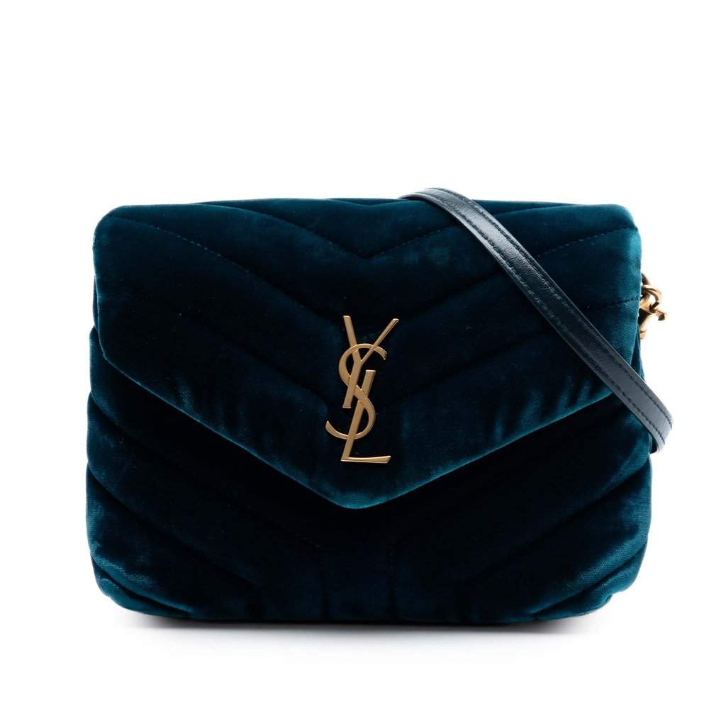 Saint Laurent Small Matelasse Velvet Monogram LouLou Shoulder Bag Blue Very good - Front View