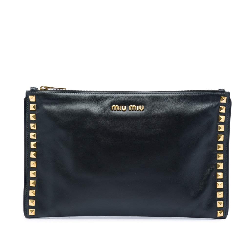 Miu Miu Studded Leather Zip Clutch Black Leather Very good - Front View