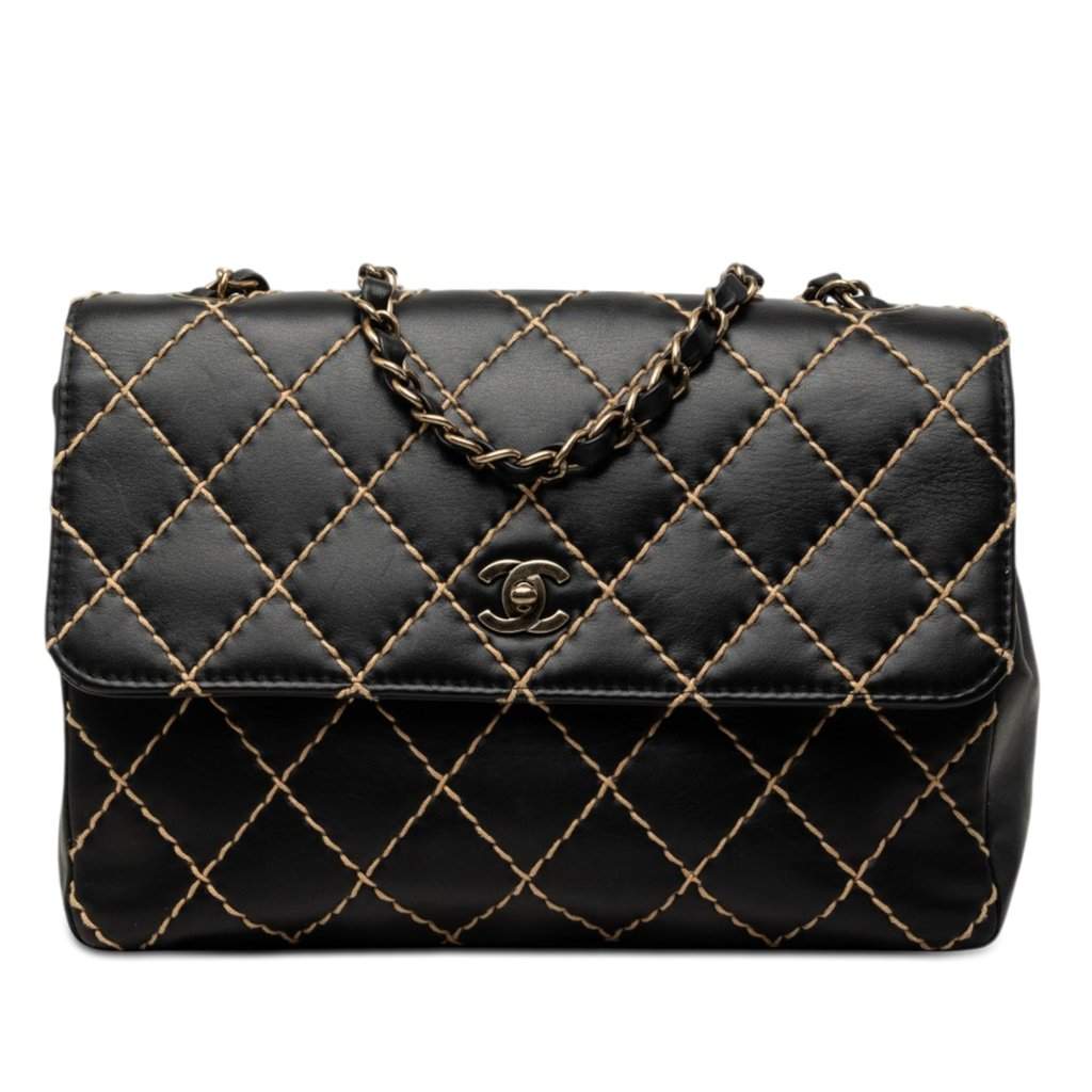 Chanel Jumbo CC Quilted Lambskin Wild Stitch Flap Black Leather Very good - Front View