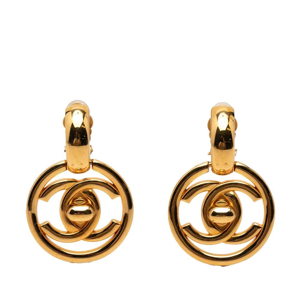 Chanel CC Gold Plated Turnlock Swing Clip On Earrings Gold Metal Very good condition - Front View
