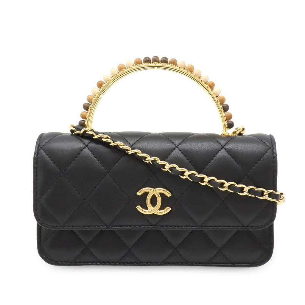 Chanel CC Quilted Lambskin Wooden Beads Top Handle Wallet On Chain Black Leather Very good condition - Front View