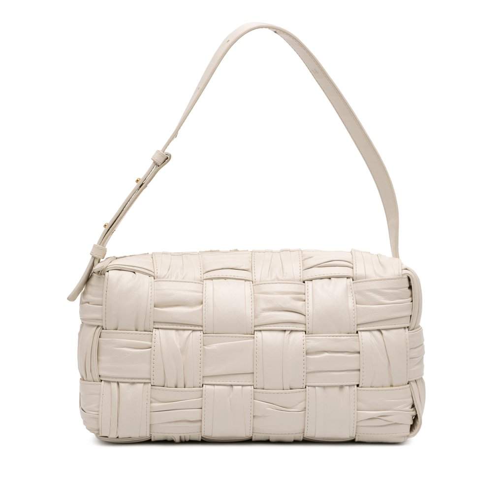 Bottega Veneta Calfskin Intreccio Plisse Cassette Shoulder Bag White Leather Very good - Front View