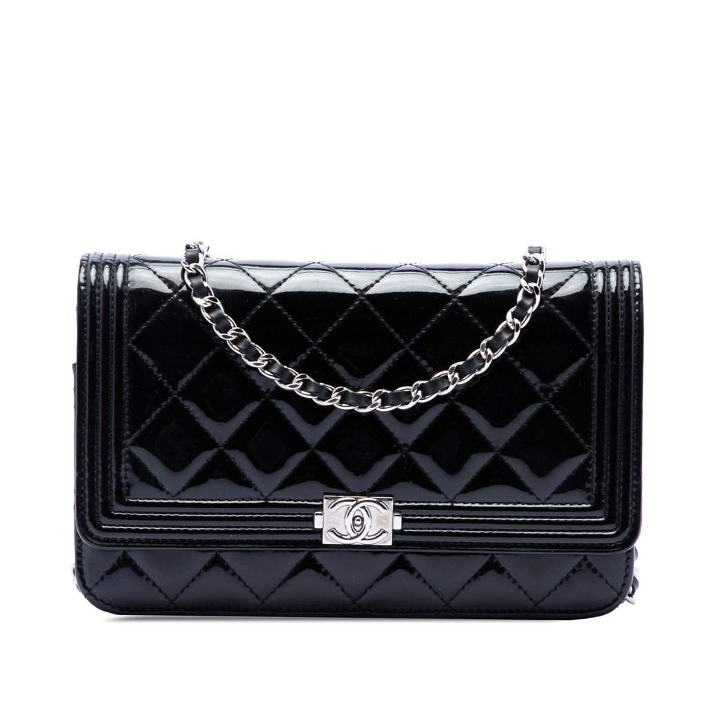 Chanel Quilted Patent Boy Wallet on Chain Black Leather Very good - Front View