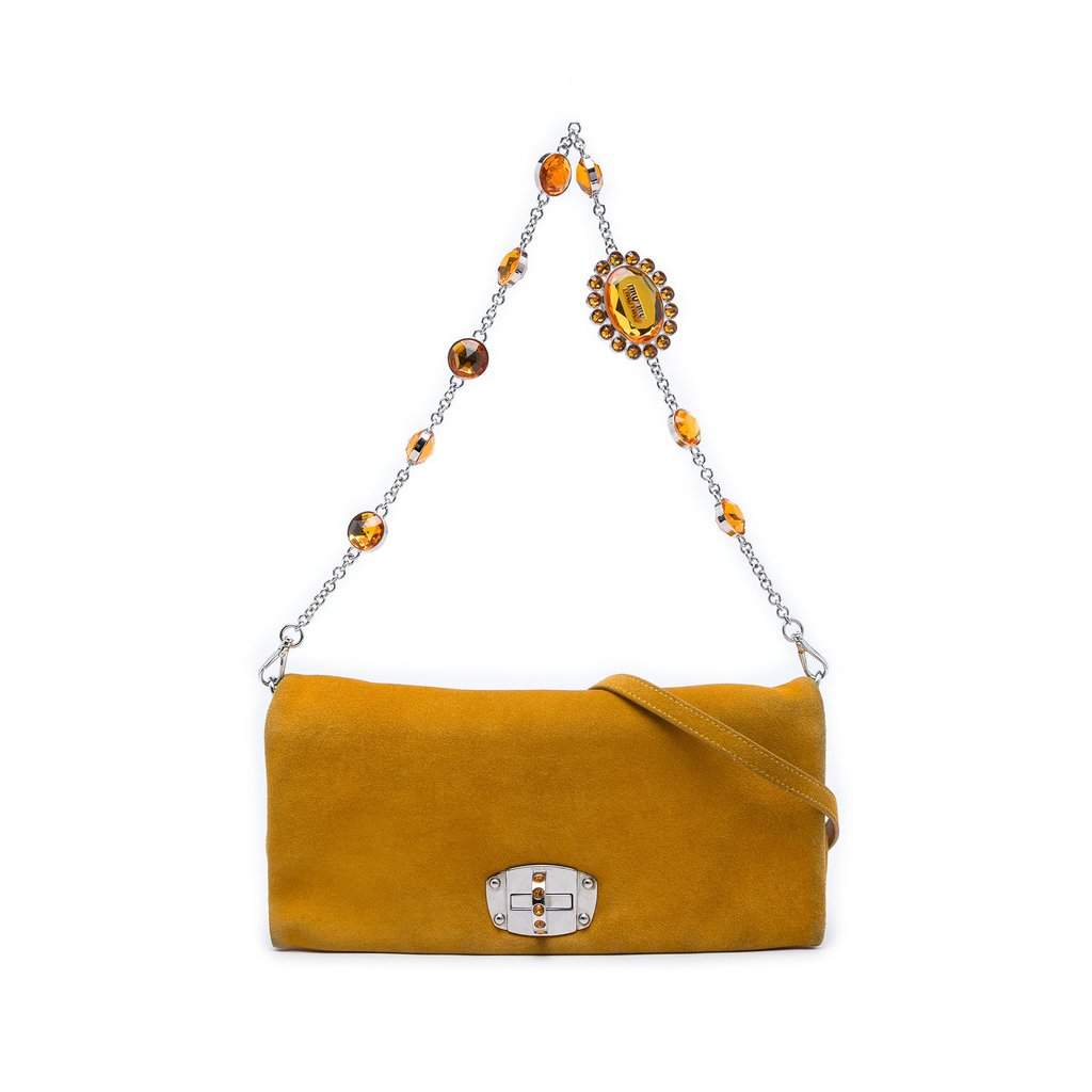 Miu Miu Suede Crystal Chain Satchel Yellow Leather Good - Front View