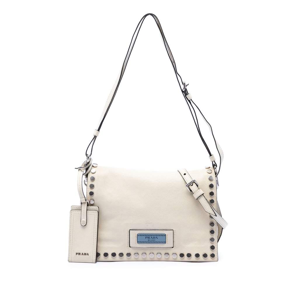 Prada Glace Calfskin Studded Etiquette Flap White Leather Very good condition - Front View