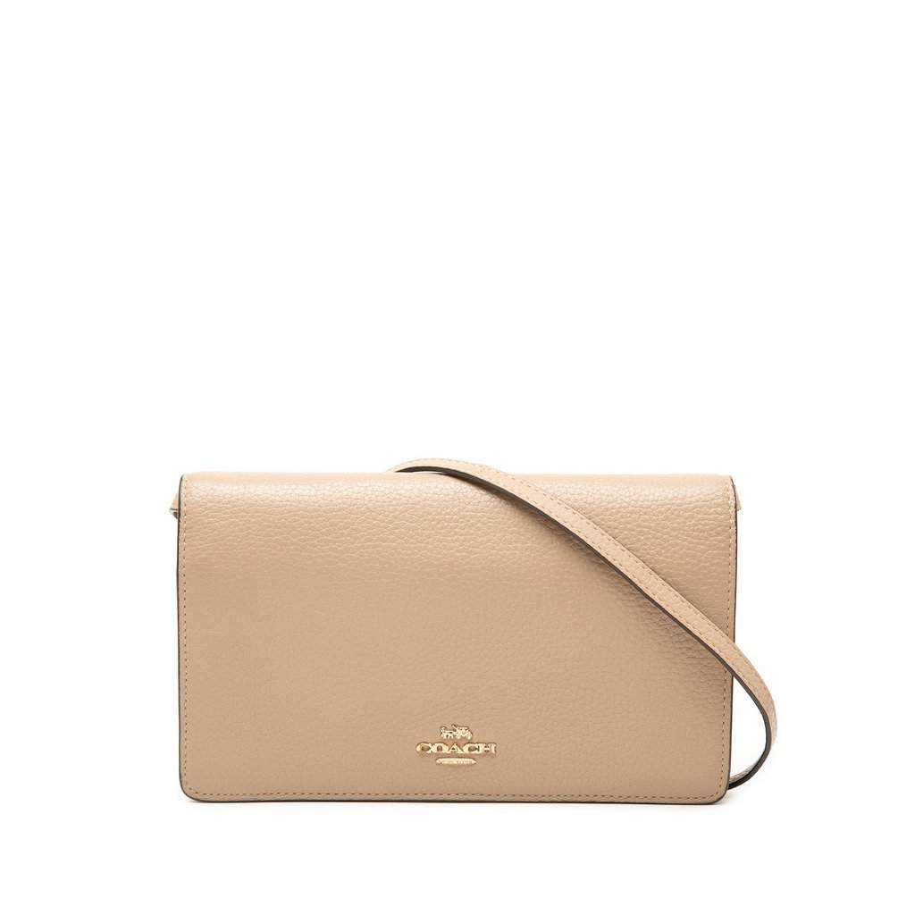 Coach Pebbled Leather Anna Foldover Clutch Crossbody Beige Leather Very good - Front View