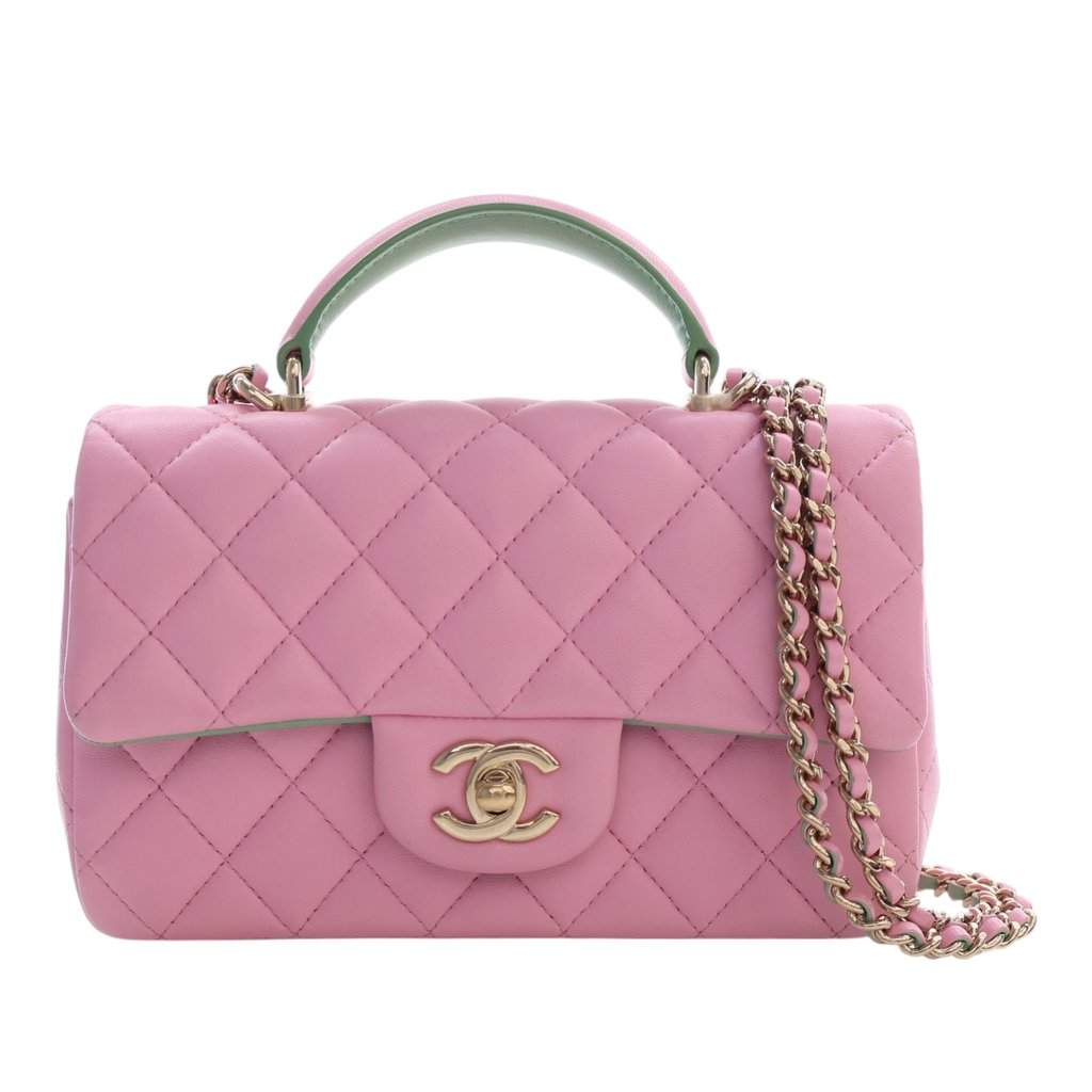 Chanel Mini Rectangular Bicolor Quilted Lambskin Top Handle Flap Pink Leather Very good - Front View