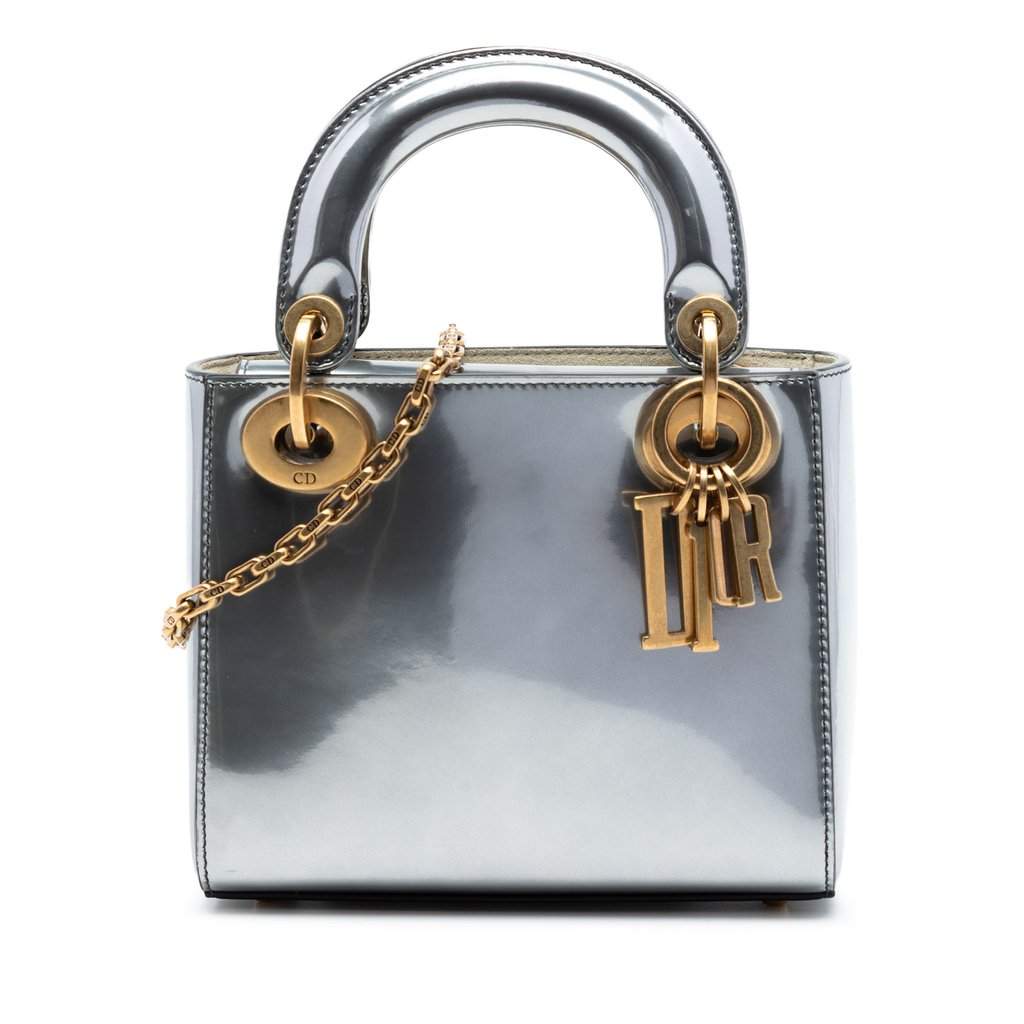 Dior Mini Metallic Patent Lady Dior Silver Leather Very good condition - Front View
