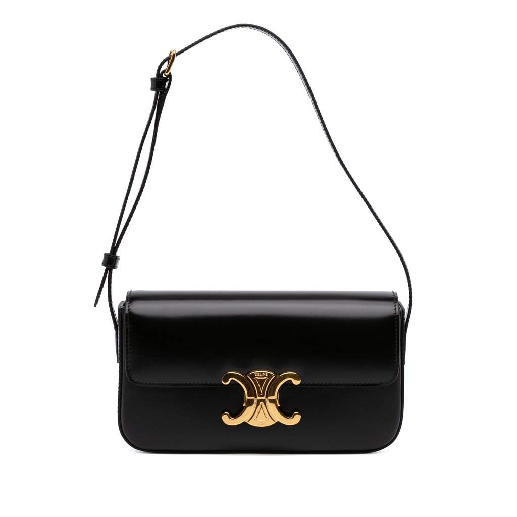 Celine Shiny Calfskin Triomphe Claude Shoulder Bag Black Leather Very good condition - Front View