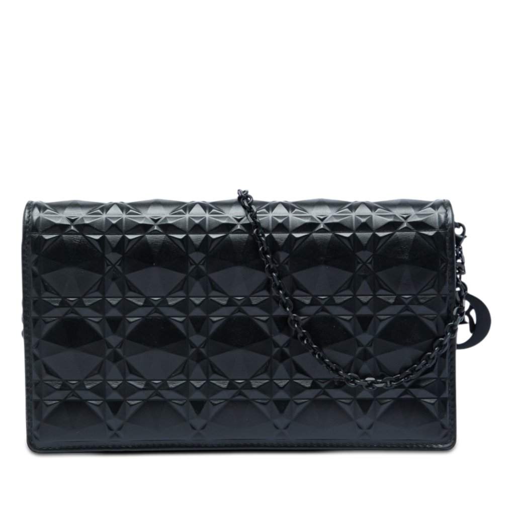 Dior Calfskin Cannage Diamond Lady Dior Wallet On Chain Black Leather Very good - Front View