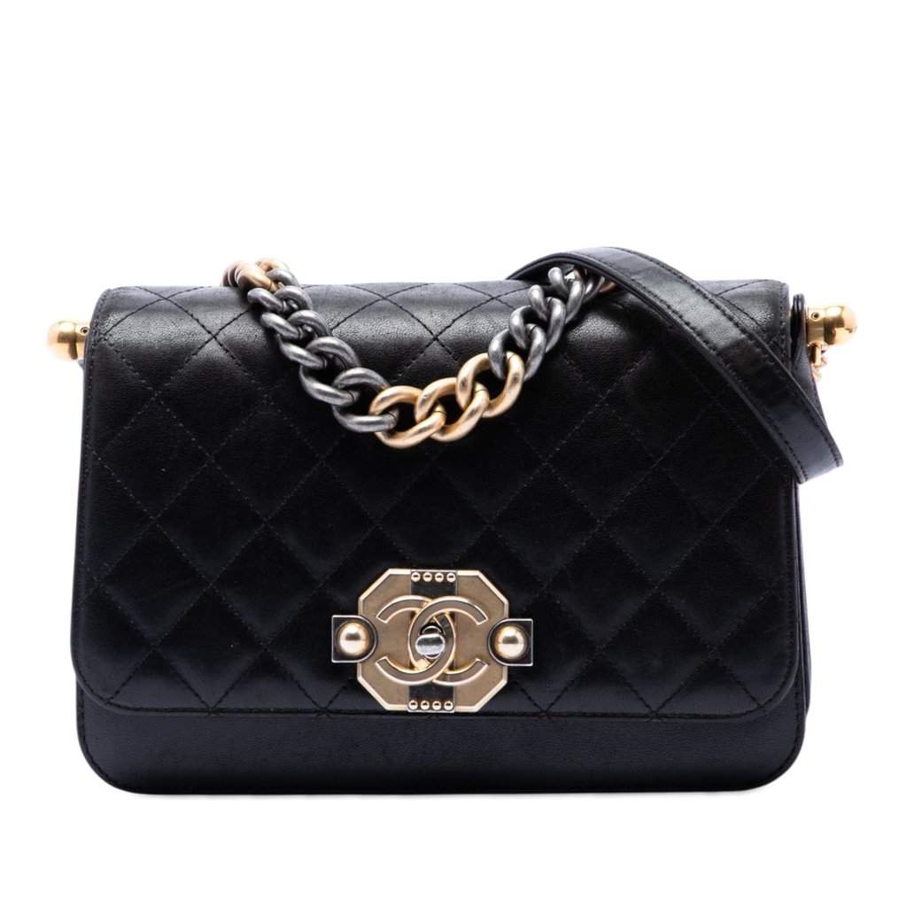 Chanel Paris Cosmopolite Medium Quilted Lambskin Ritz Flap Black Leather Very good - Front View