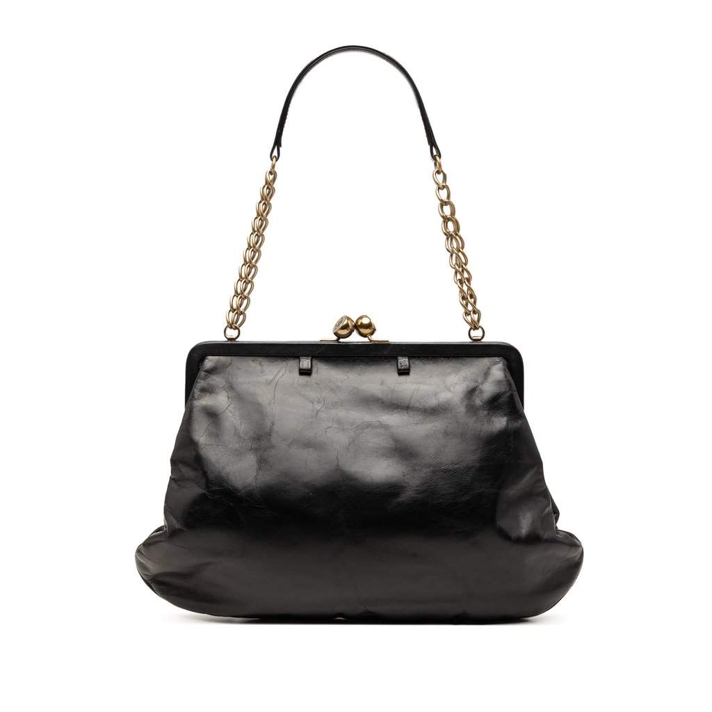 Chanel Glazed Calfskin Kiss Lock Frame Shoulder Bag Black Leather Very good condition - Front View
