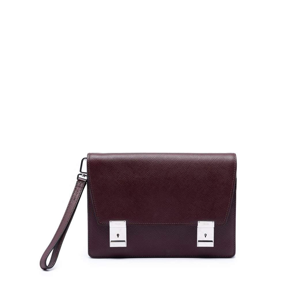 Prada Saffiano Double Lock Convertible Clutch Red Leather Very good condition - Front View