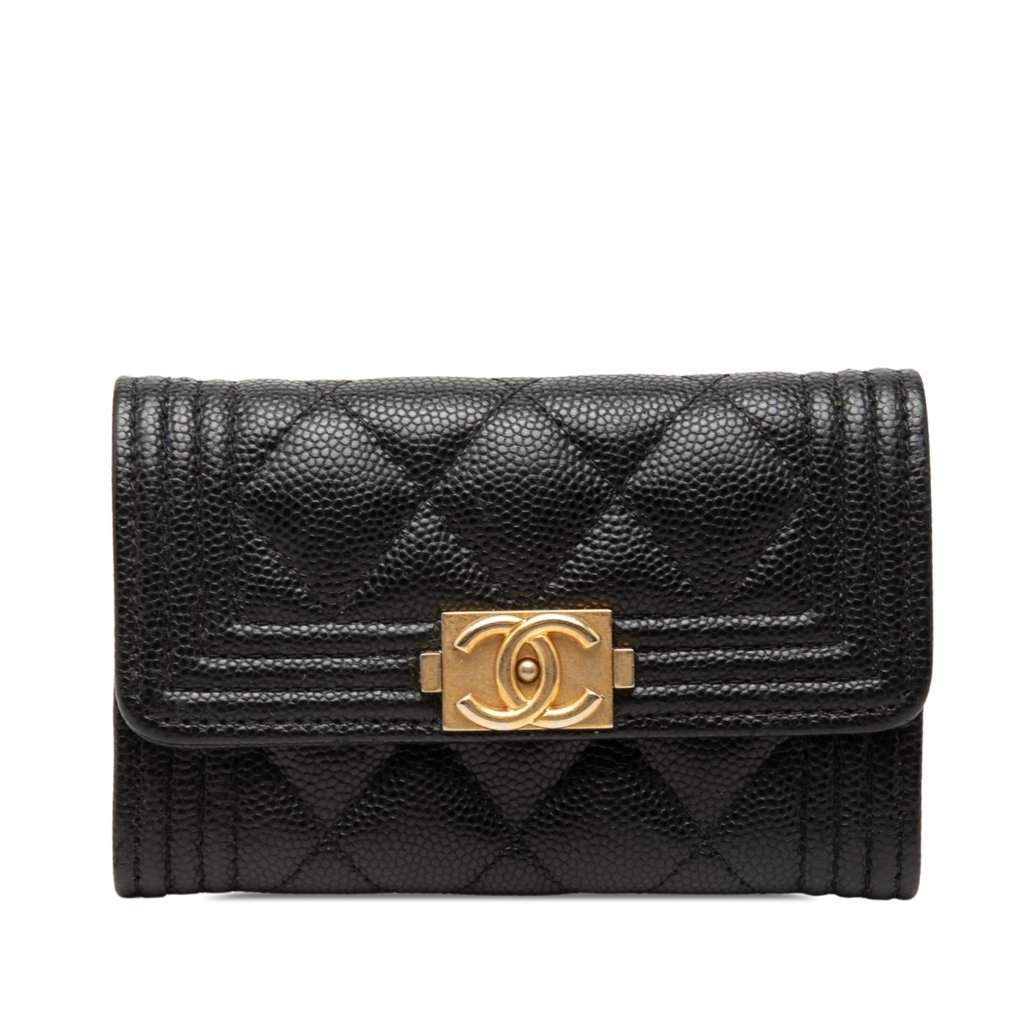Chanel Quilted Caviar Boy Flap Card Holder Black Leather Very good - Front View