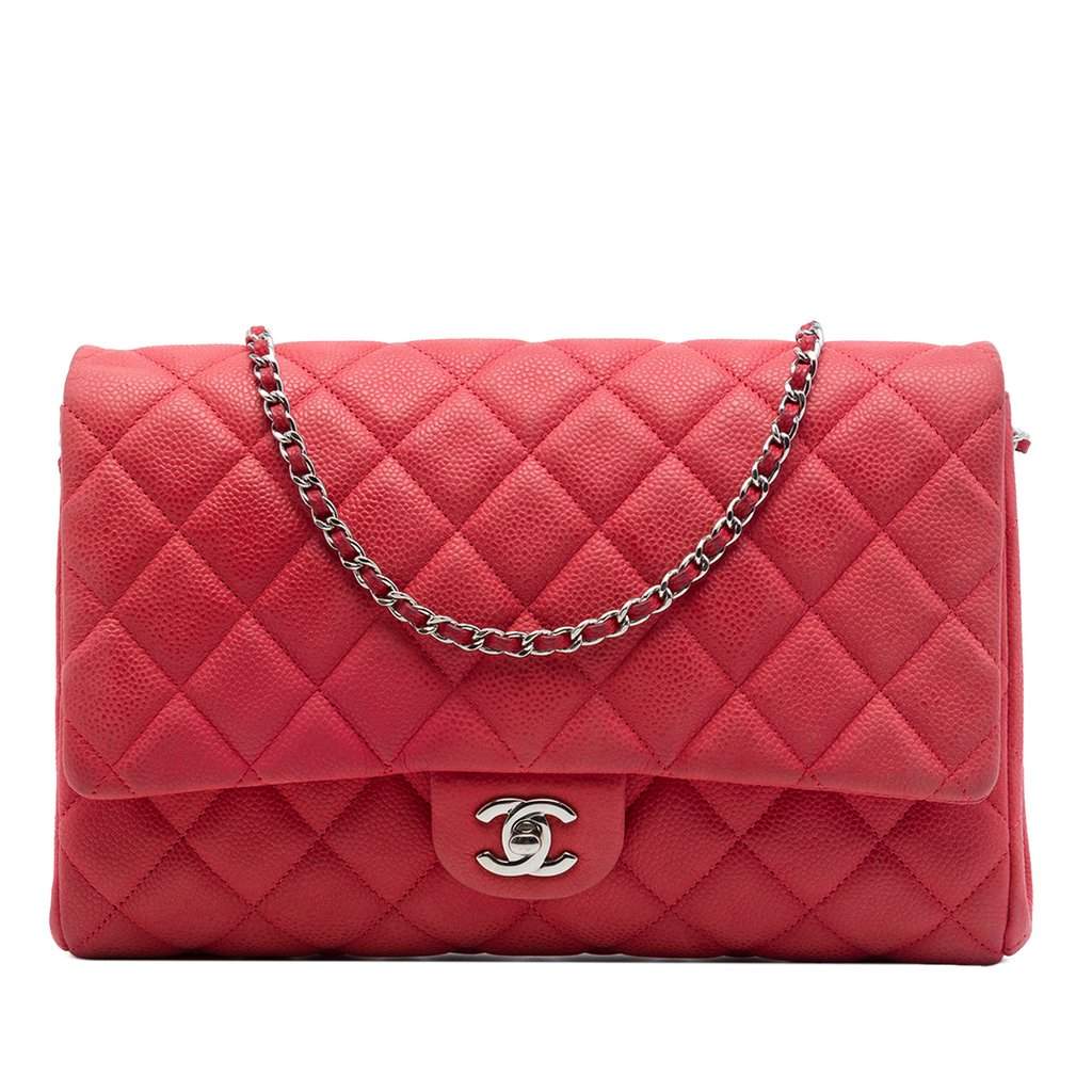Chanel CC Quilted Caviar Flap Clutch with Chain Red Leather Very good - Front View