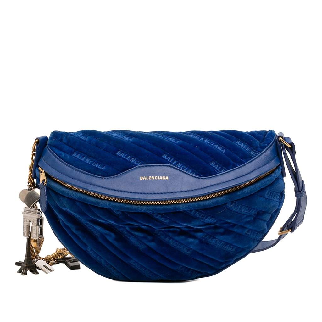 Balenciaga Diagonal Quilted Velvet Allover Logo Souvenir Belt Bag XS Blue Good condition - Front View