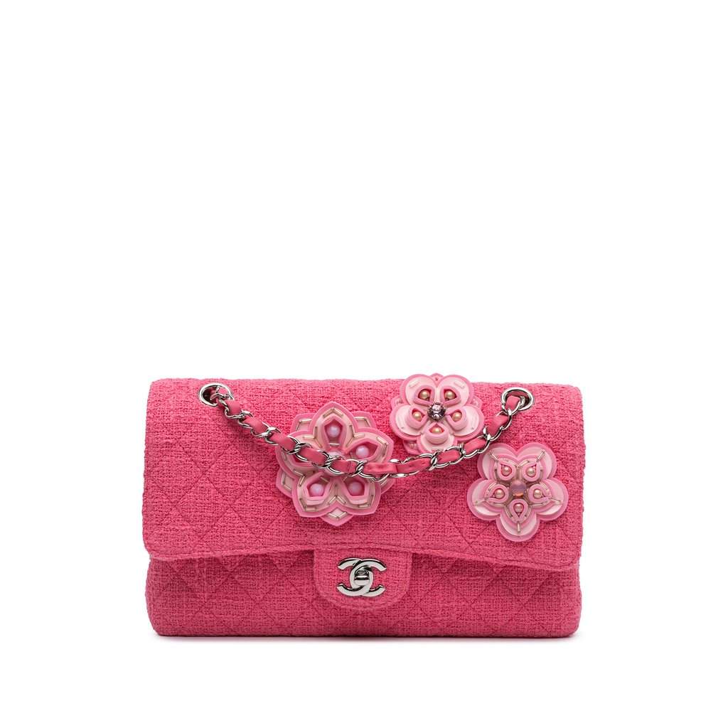 Chanel Medium Classic Tweed Beaded Flower Double Flap Pink Very good - Front View