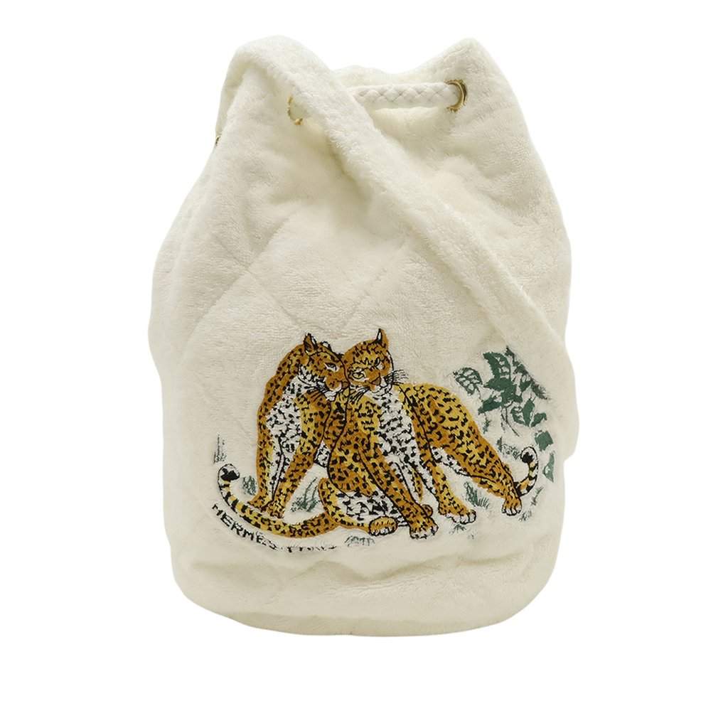 Hermès Leopard Embroidered Cotton Drawstring Bucket Bag White Very good condition - Front View