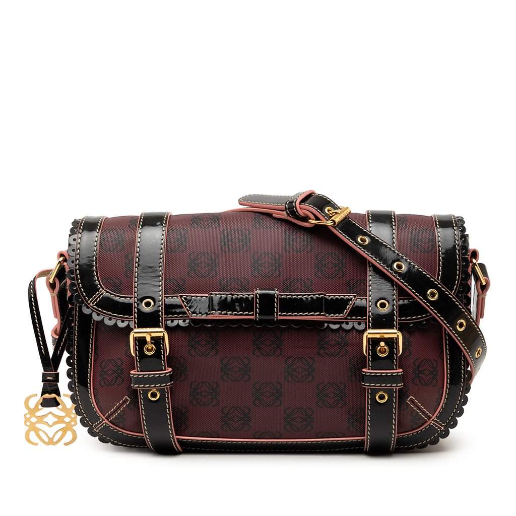 LOEWE Sequin Trimmed Anagram PVC Coated Canvas Double Buckle Flap Shoulder Bag Red Very good condition - Front View