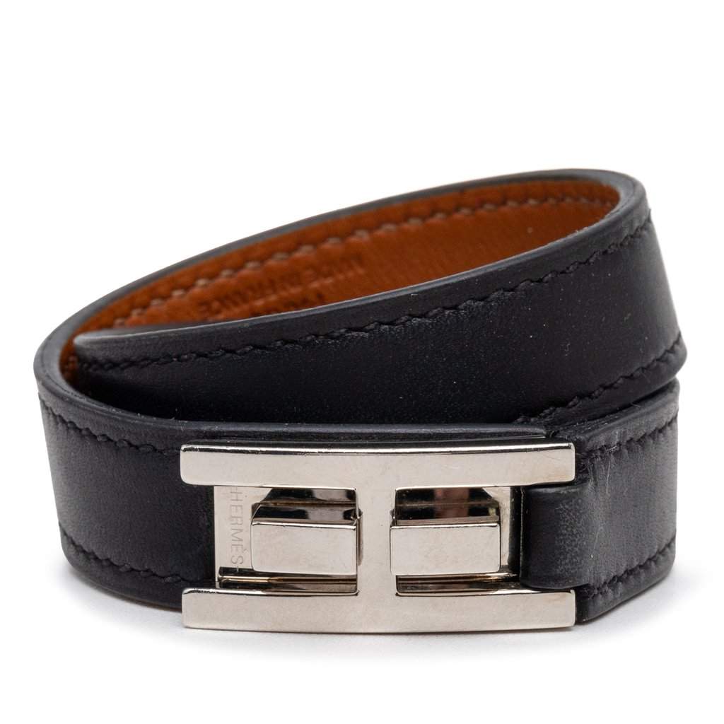 Hermès Leather Drag Double Tour Wrap Bracelet T1 Black Leather Very good condition - Front View