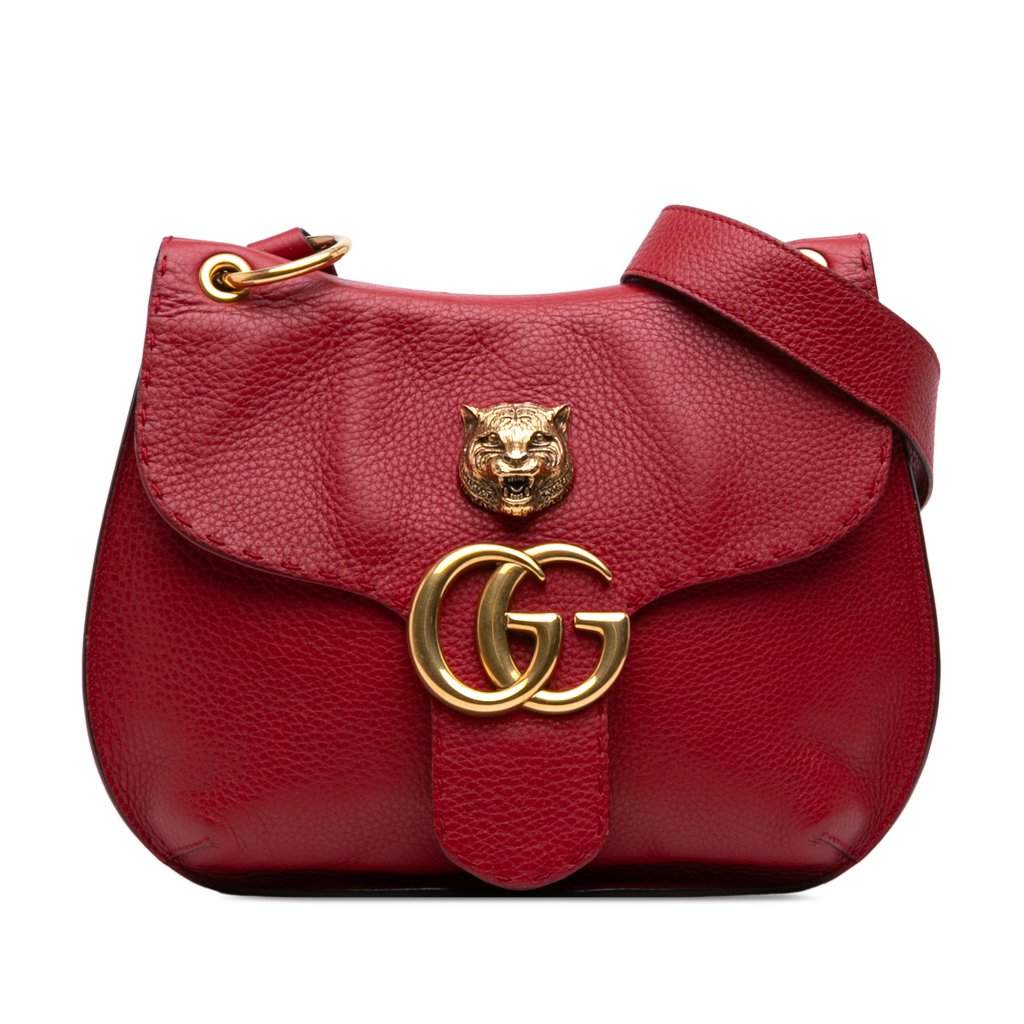 Gucci GG Marmont Calfskin Animalier Shoulder Bag Red Leather Very good - Front View