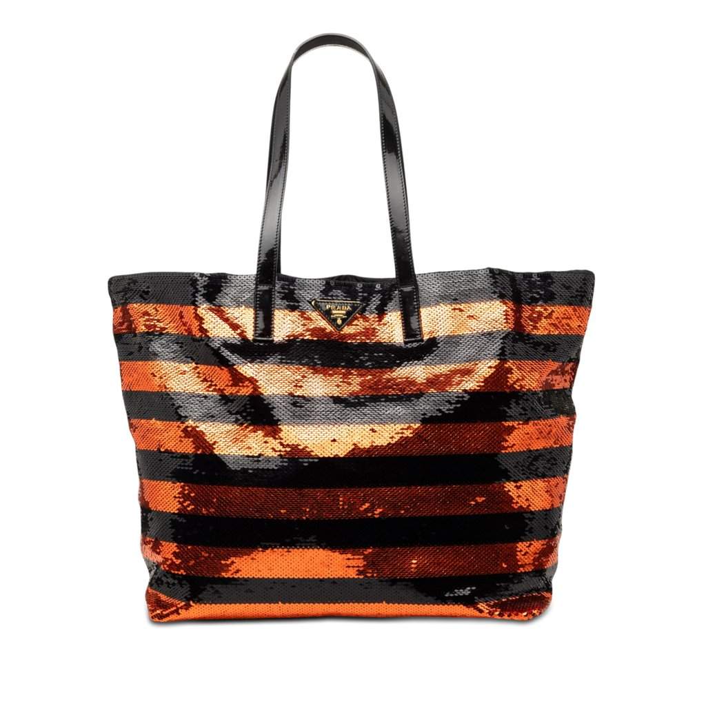 Prada Satin Sequin Stripes Tote Orange Very good - Front View