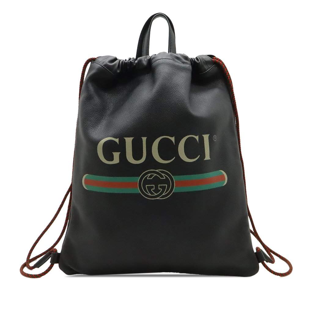 Gucci Grained Calfskin Web Logo Drawstring Backpack Black Leather Very good condition - Front View