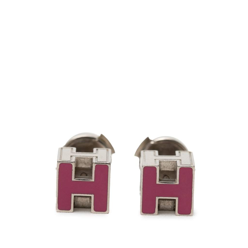 Hermès Palladium Plated Enamel Cage dH Cube Push Back Earrings Purple Metal Very good condition - Front View