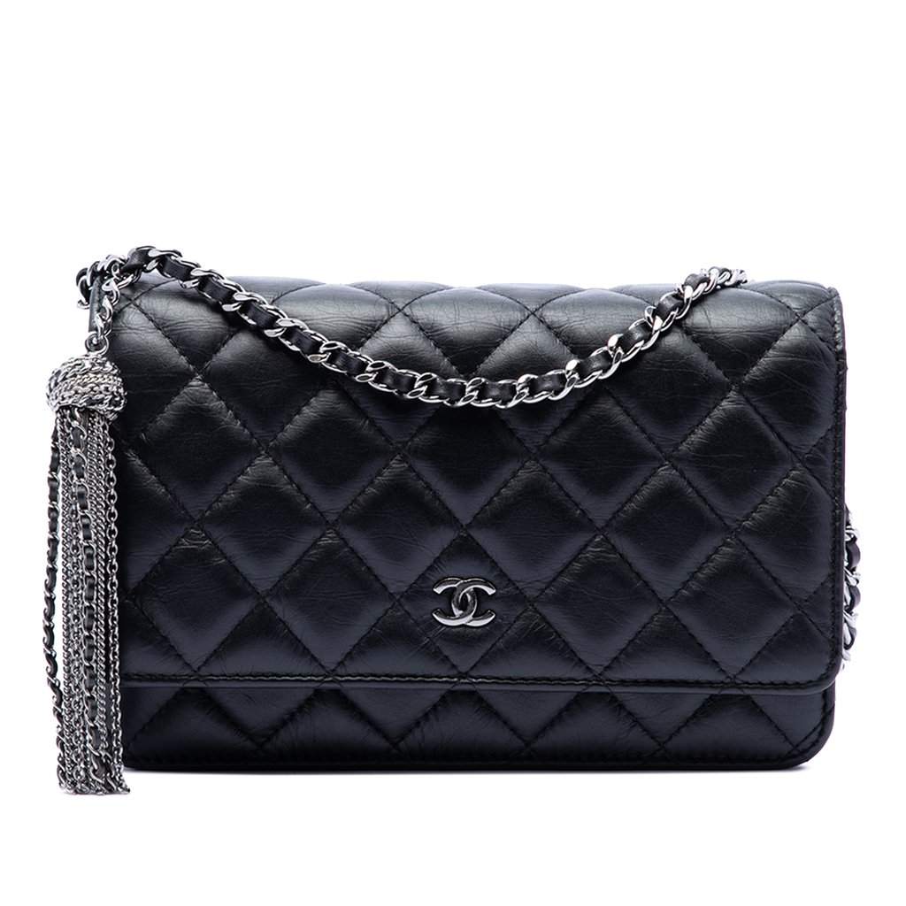 Chanel CC Quilted Aged Calfskin Tassel Wallet On Chain Black Leather Very good condition - Front View