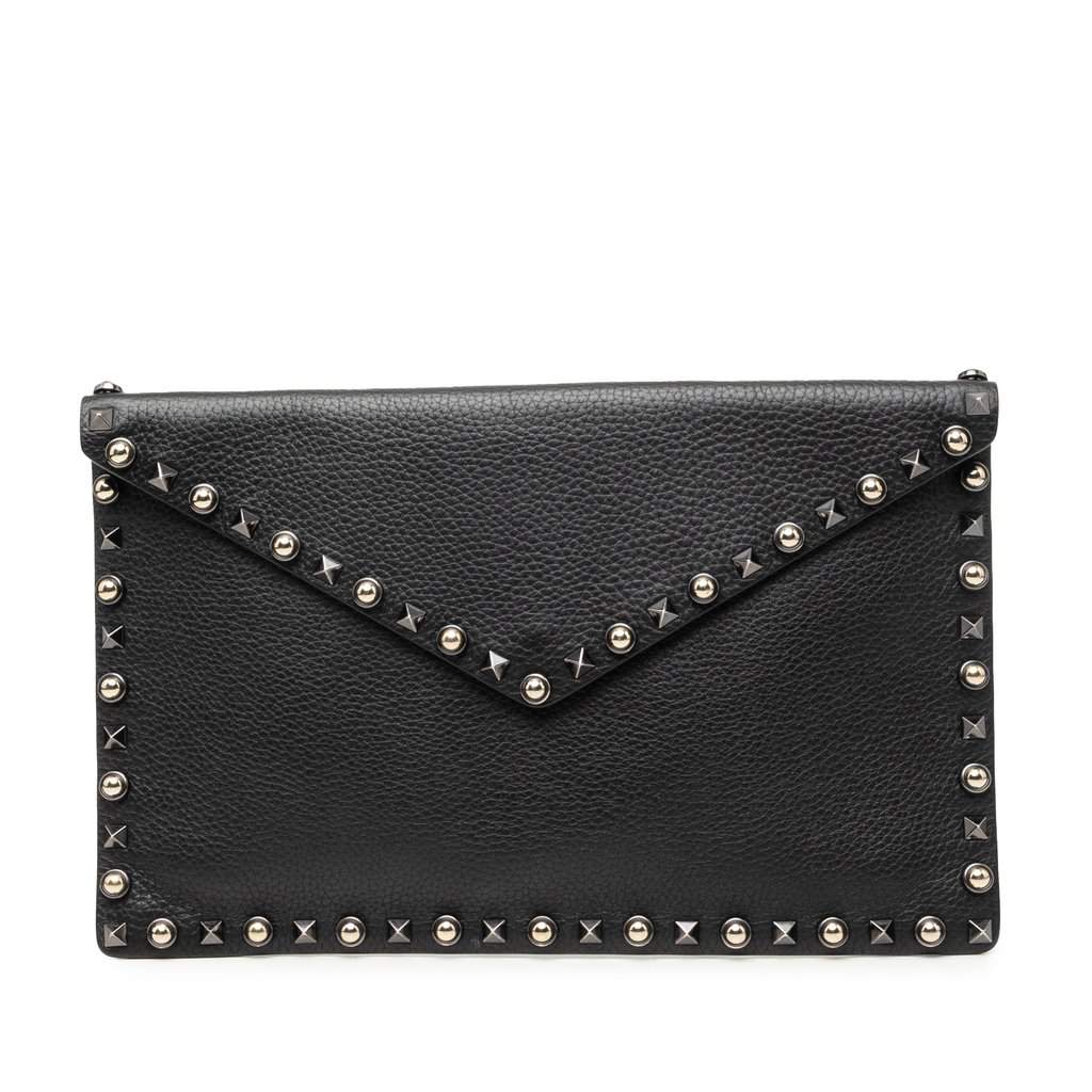 Valentino Grained Calfskin Rockstud Envelope Clutch Black Leather Good condition - Front View