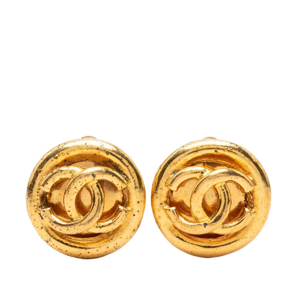 Chanel CC Gold Plated Round Clip On Earrings Gold Metal Very good - Front View