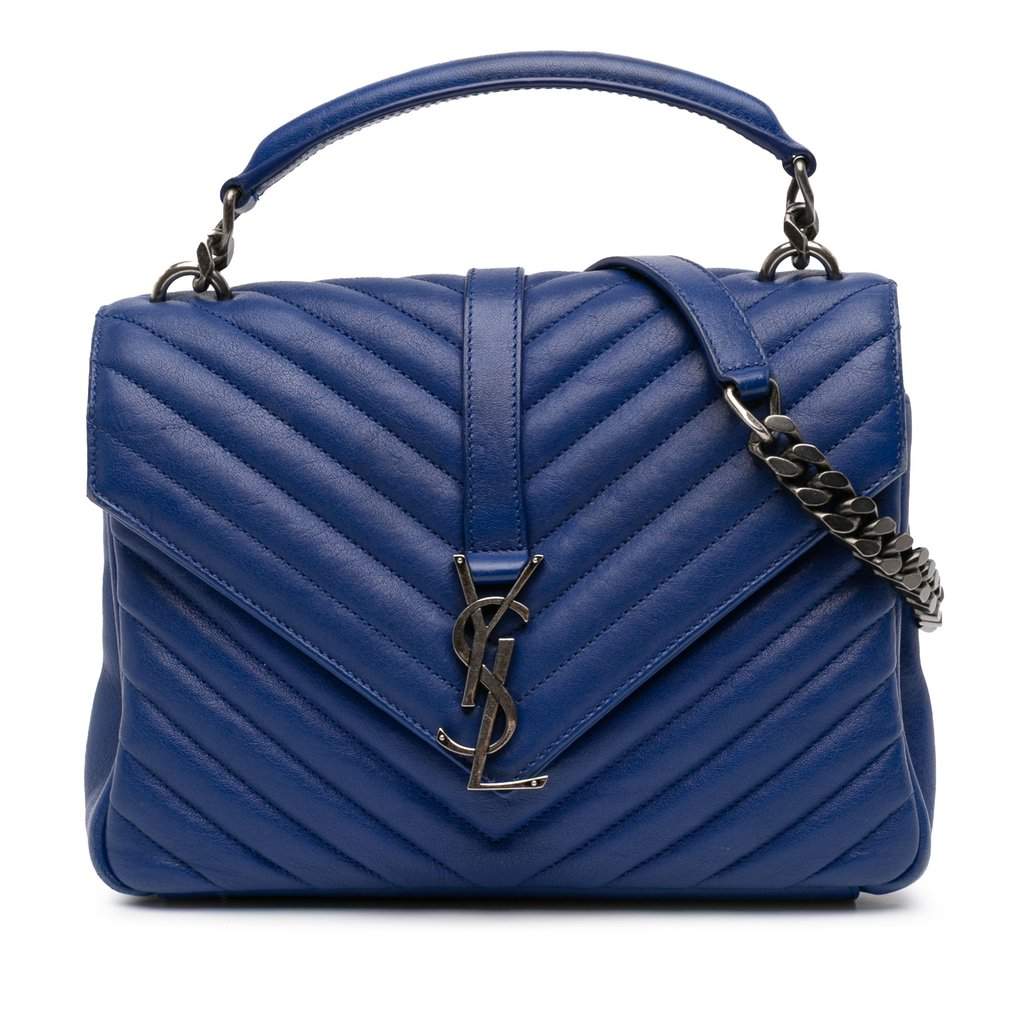 Saint Laurent Medium Chevron Sheepskin Monogram College Satchel Blue Leather Very good condition - Front View
