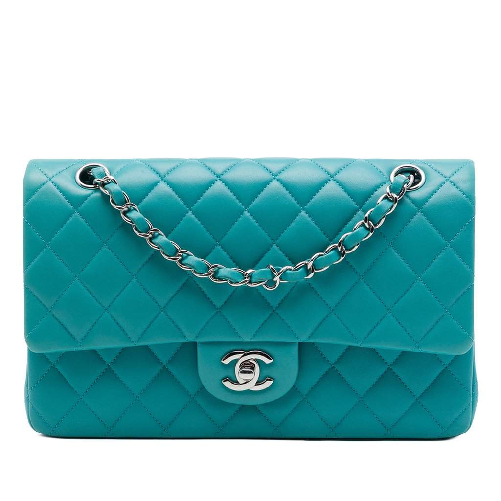 Chanel Medium Classic Lambskin Double Flap Blue Leather Very good - Front View