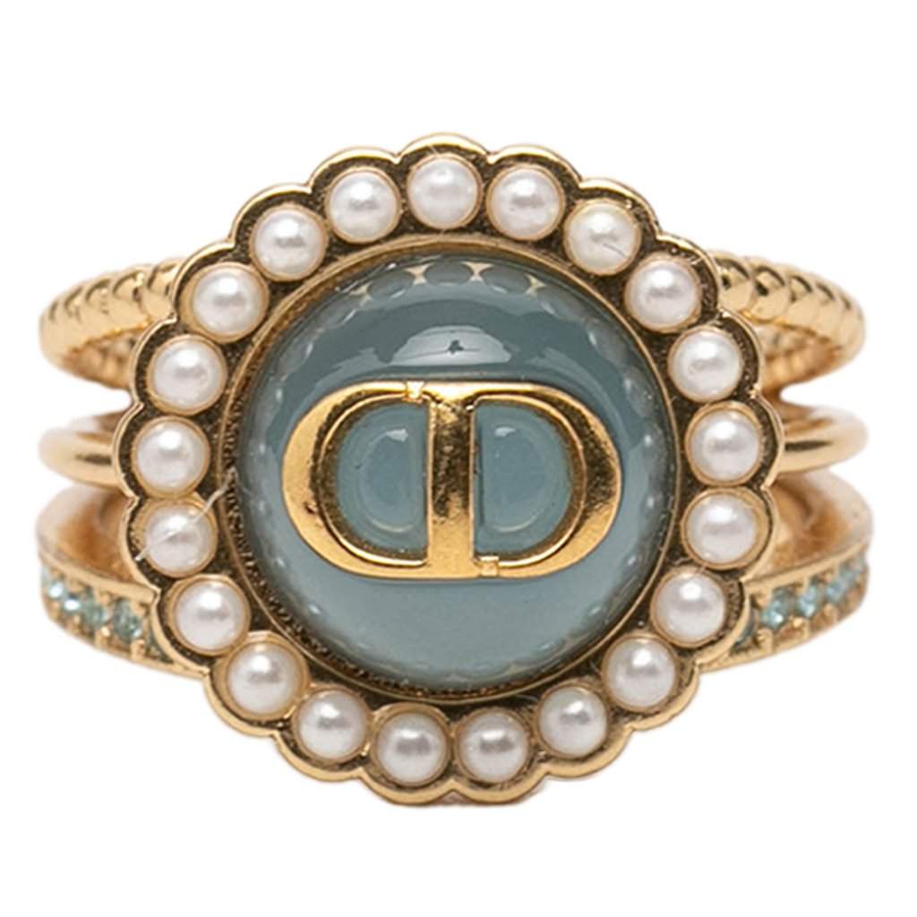 Dior Gold Plated Resin Faux Pearl Strass CD Logo Ring Gold Metal Very good - Front View