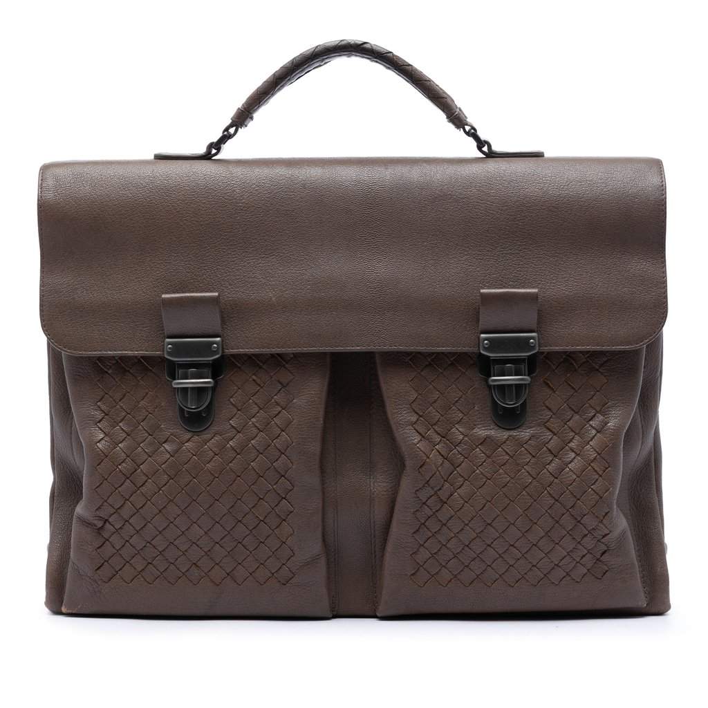 Bottega Veneta Intrecciato Trimmed Nappa Business Bag Brown Leather Very good condition - Front View