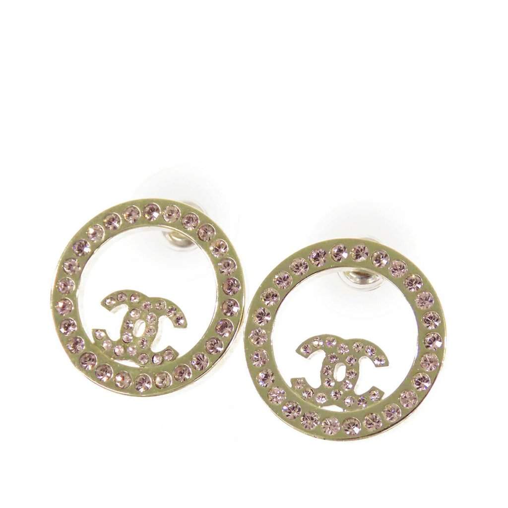 Chanel CC Gold Plated Strass Round Bullet Back Earrings Gold Metal Very good condition - Front View