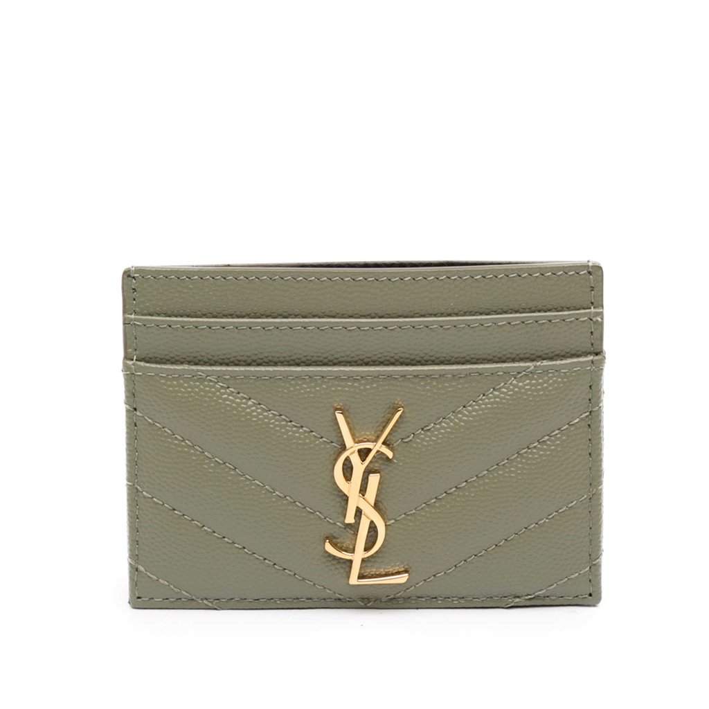 Saint Laurent Chevron Grain de Poudre Cassandre Card Holder Green Leather Never worn - Front View