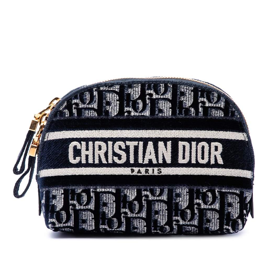 Dior Oblique Embroidered Velvet Cosmetic Pouch Blue Very good - Front View