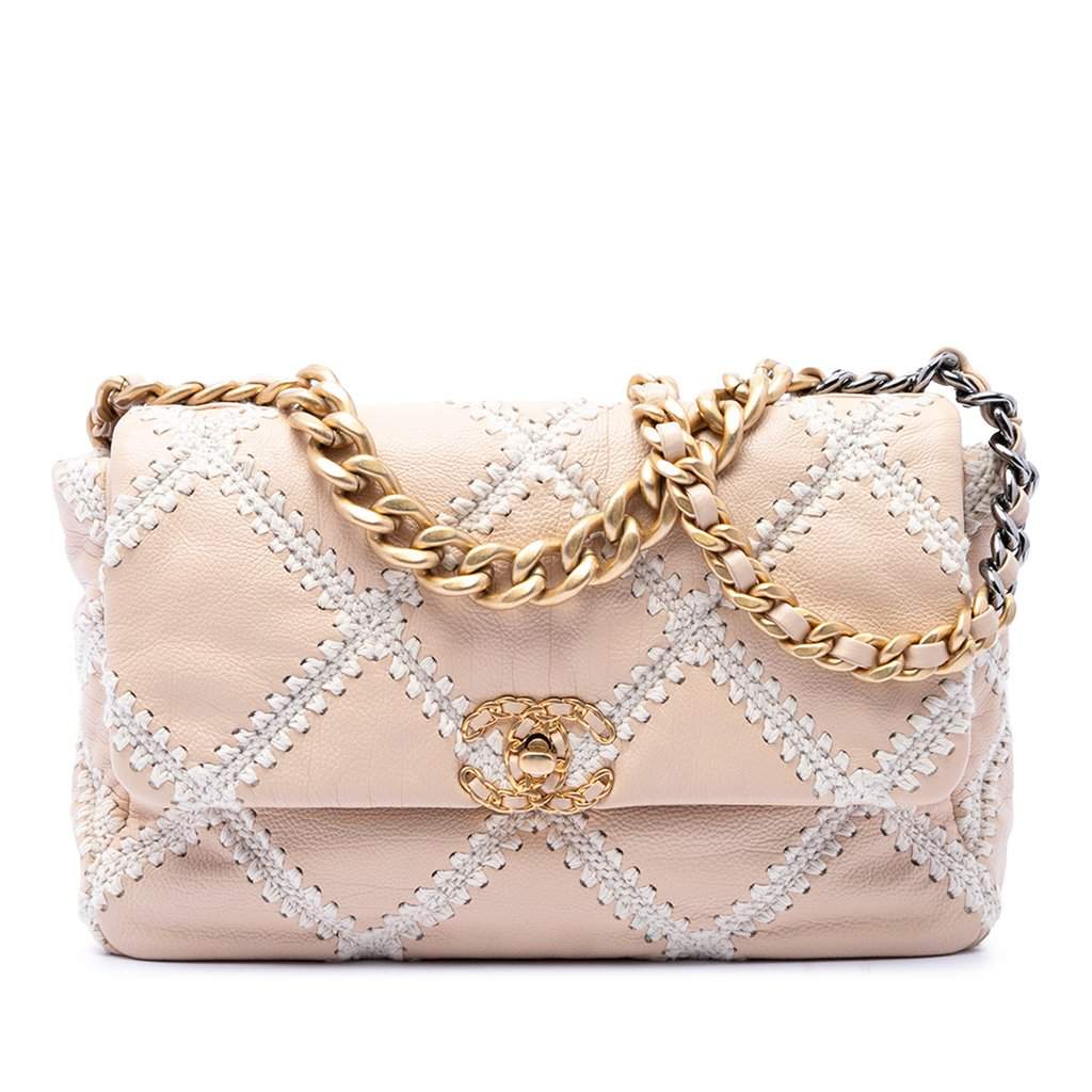 Chanel Large Crochet Calfskin 19 Flap Beige Leather Very good condition - Front View