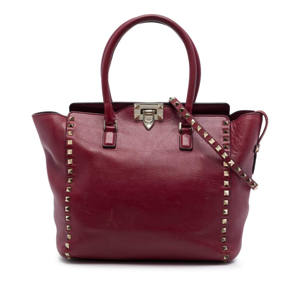 Valentino Medium Leather Rockstud Double Handle Tote Red Leather Very good - Front View