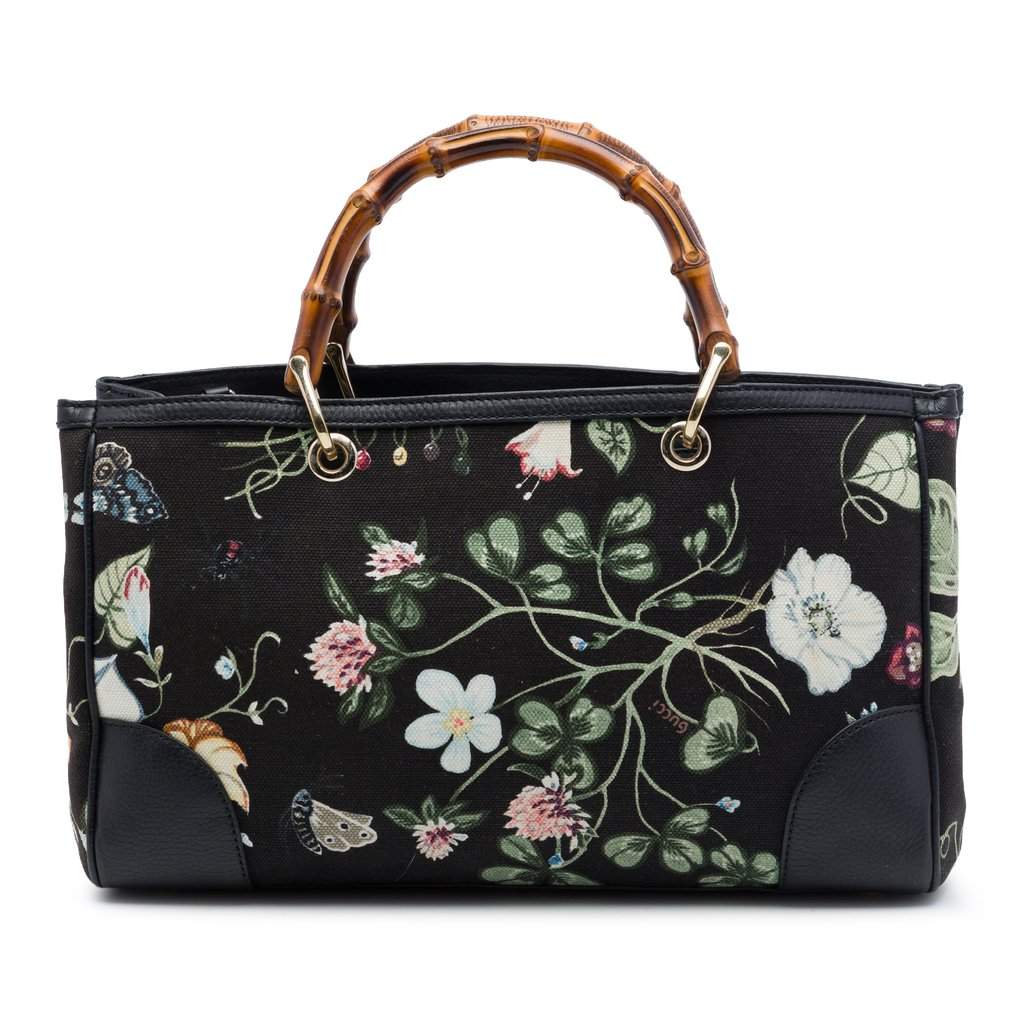 Gucci Medium Canvas Flora Knight Bamboo Shopper Satchel Black Very good - Front View