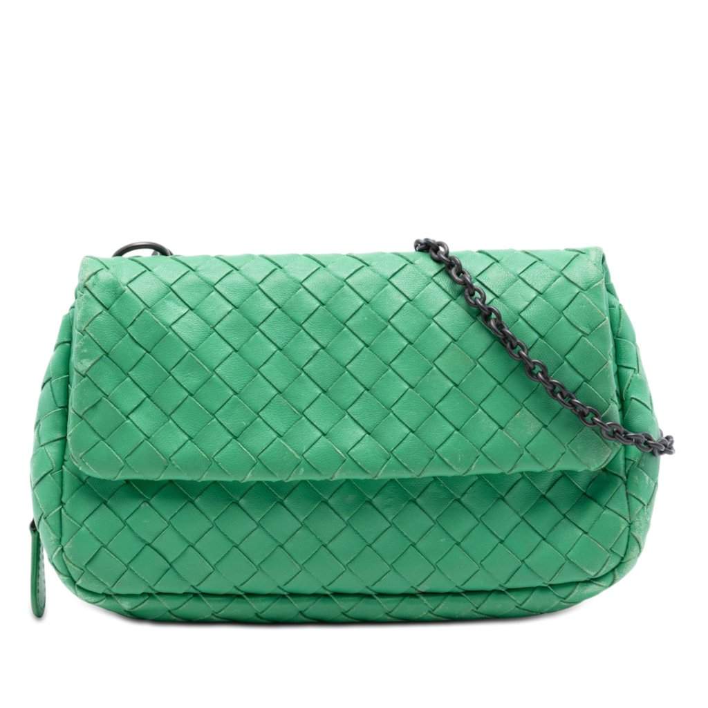 Bottega Veneta Mini Nappa Intrecciato Expandable Chain Flap Crossbody Green Leather Very good condition - Front View