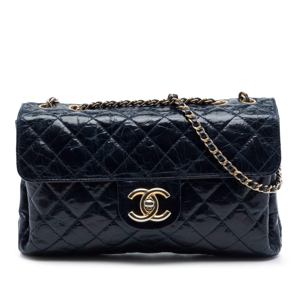 Chanel CC Quilted Crackled Glazed Calfskin Accordion Flap Blue Leather Very good condition - Front View