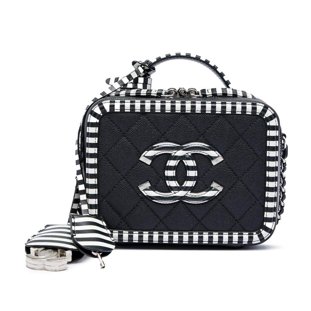 Chanel Small Caviar Striped CC Filigree Vanity Case Black Leather Very good condition - Front View