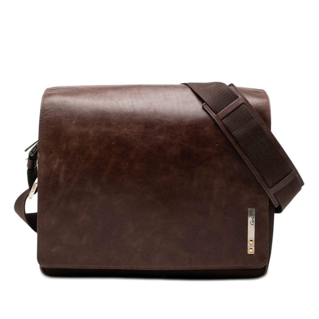 Cartier Leather and Canvas Santos Messenger Bag Brown Leather Very good - Front View