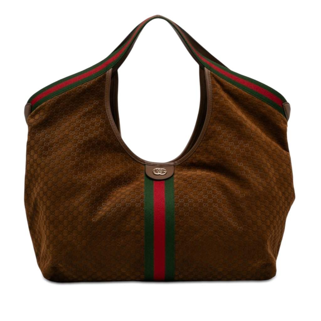 Gucci Large GG Suede Web Giglio Tote Brown Leather Very good - Front View