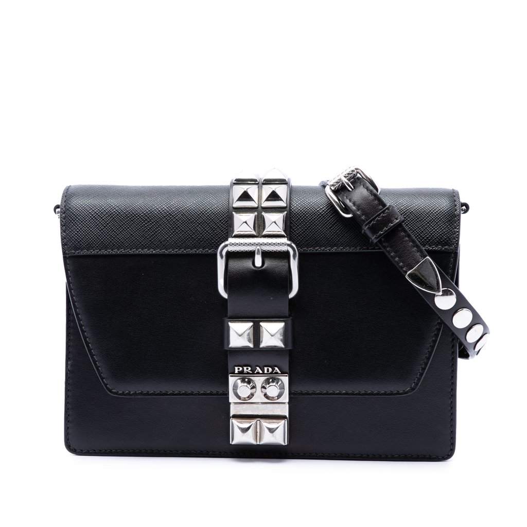 Prada City Calfskin and Saffiano Studded Elektra Crossbody Black Leather Very good condition - Front View