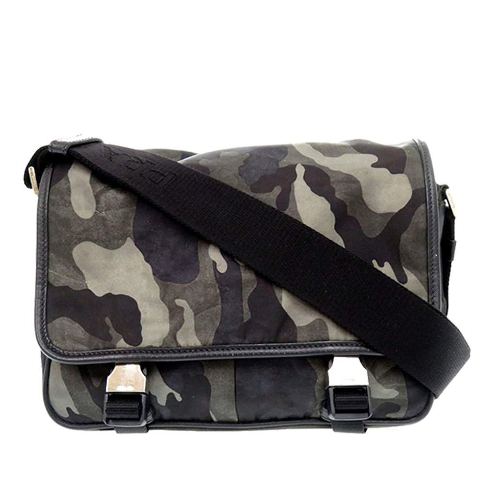 Prada Saffiano Trimmed Tessuto Camouflage Double Buckle Messenger Bag Brown Very good - Front View