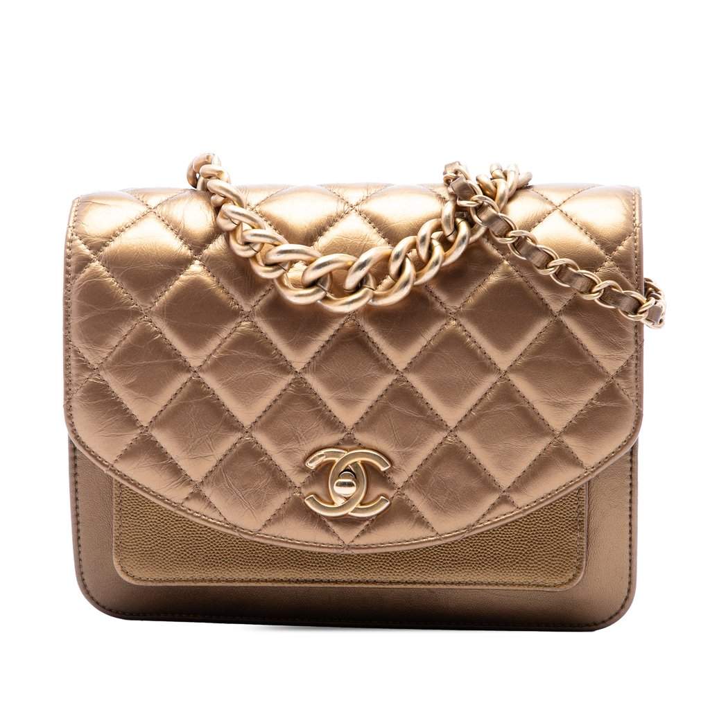 Chanel Small Metallic Calfskin and Caviar Chain Top Handle Bag Gold Leather Very good condition - Front View